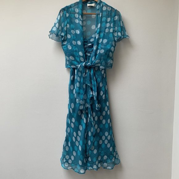 Kaliko Dresses & Skirts - Y2K Silk Midi Dress Fits UK 12 Bias Cut Sleeveless Party With Cover Up Teal Spot